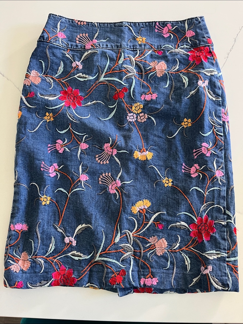 Anthropologie Denim Pencil Skirt with Multicolor Floral Embroidery